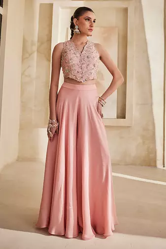 Bright mauve embroidered raw silk co ord set