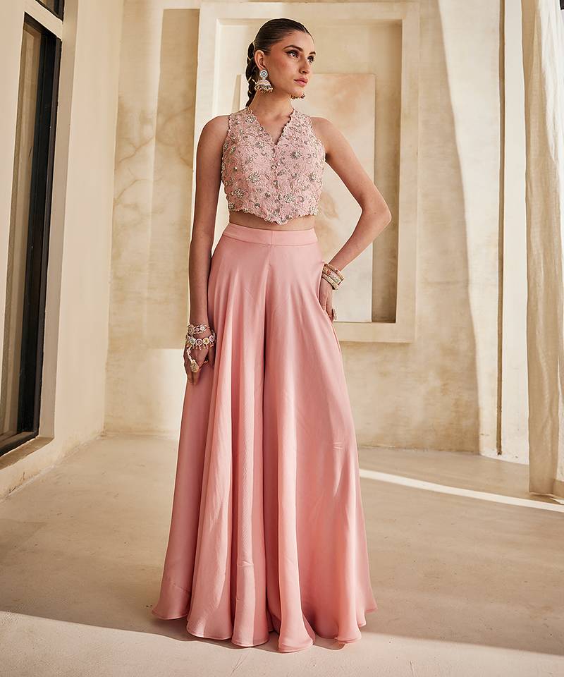 Bright mauve embroidered raw silk co ord set