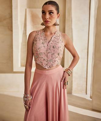 Bright mauve embroidered raw silk co ord set 3