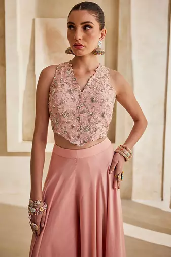 Bright mauve embroidered raw silk co ord set
