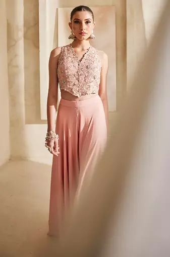 Bright mauve embroidered raw silk co ord set