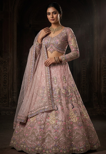 PINK BUTTERFLY NET PARTY WEAR EMBROIDERY LEHNGHA CHOLI 