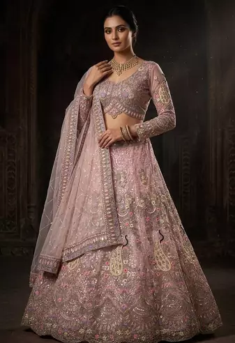 PINK BUTTERFLY NET PARTY WEAR EMBROIDERY LEHNGHA CHOLI 