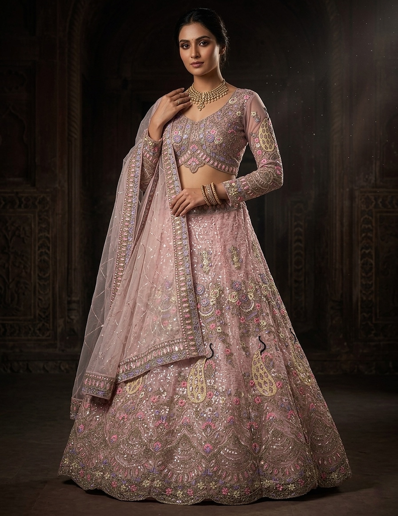PINK BUTTERFLY NET PARTY WEAR EMBROIDERY LEHNGHA CHOLI 