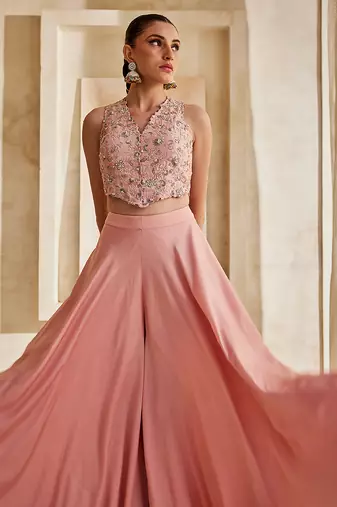 Bright mauve embroidered raw silk co ord set