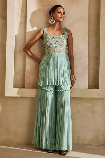 Powder blue embroidered raw silk sharara set