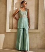 Powder blue embroidered raw silk sharara set