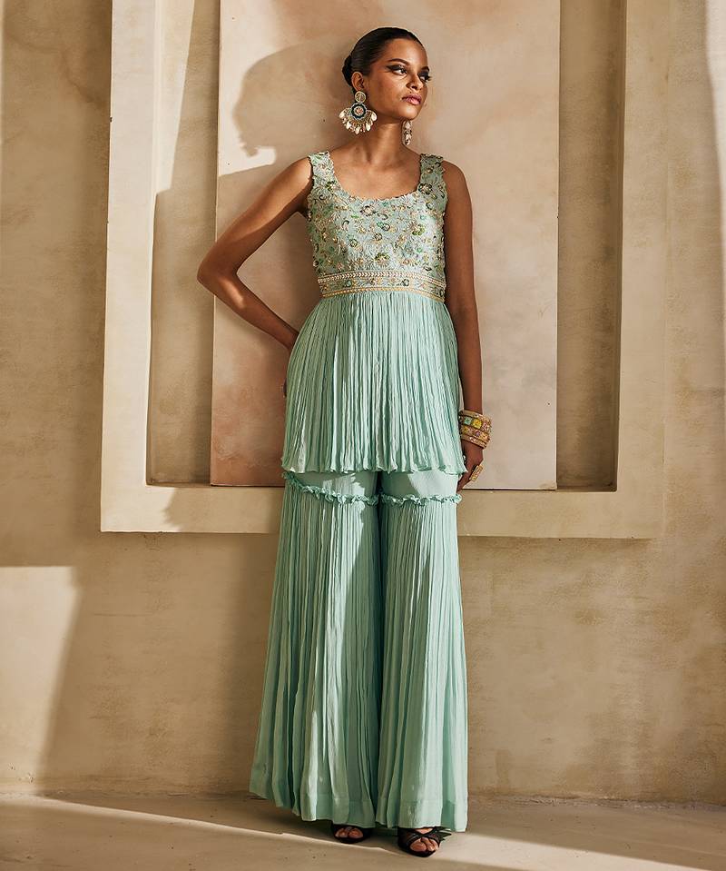 Powder blue embroidered raw silk sharara set