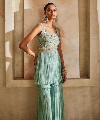 Powder blue embroidered raw silk sharara set 2