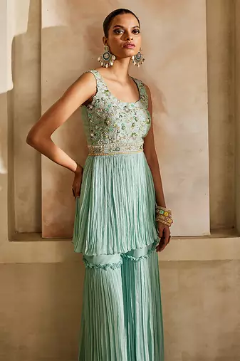 Powder blue embroidered raw silk sharara set