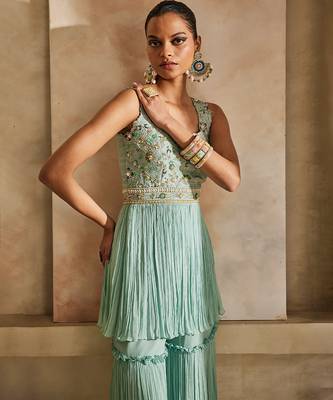 Powder blue embroidered raw silk sharara set 3