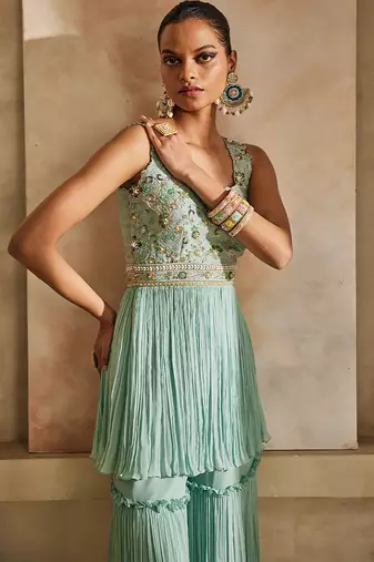 Powder blue embroidered raw silk sharara set