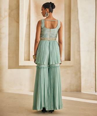 Powder blue embroidered raw silk sharara set 4