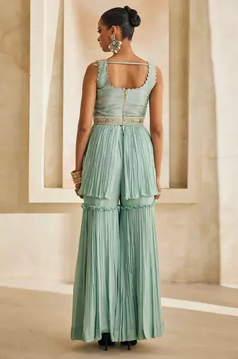 Powder blue embroidered raw silk sharara set