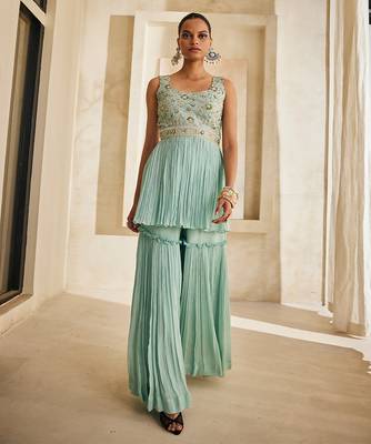Powder blue embroidered raw silk sharara set 5