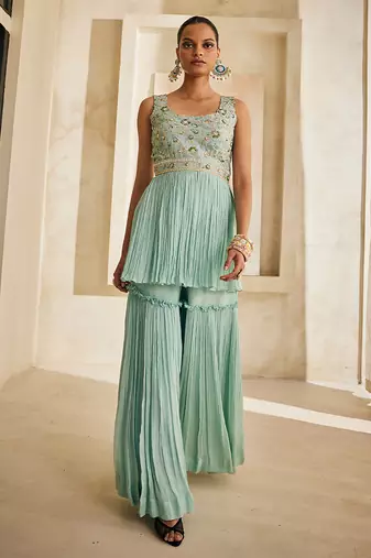 Powder blue embroidered raw silk sharara set