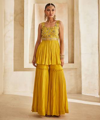 Mustard yellow embroidered raw silk sharara set 1