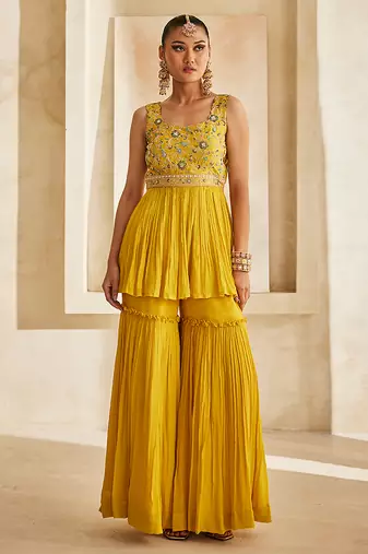 Mustard yellow embroidered raw silk sharara set