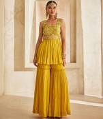 Mustard yellow embroidered raw silk sharara set