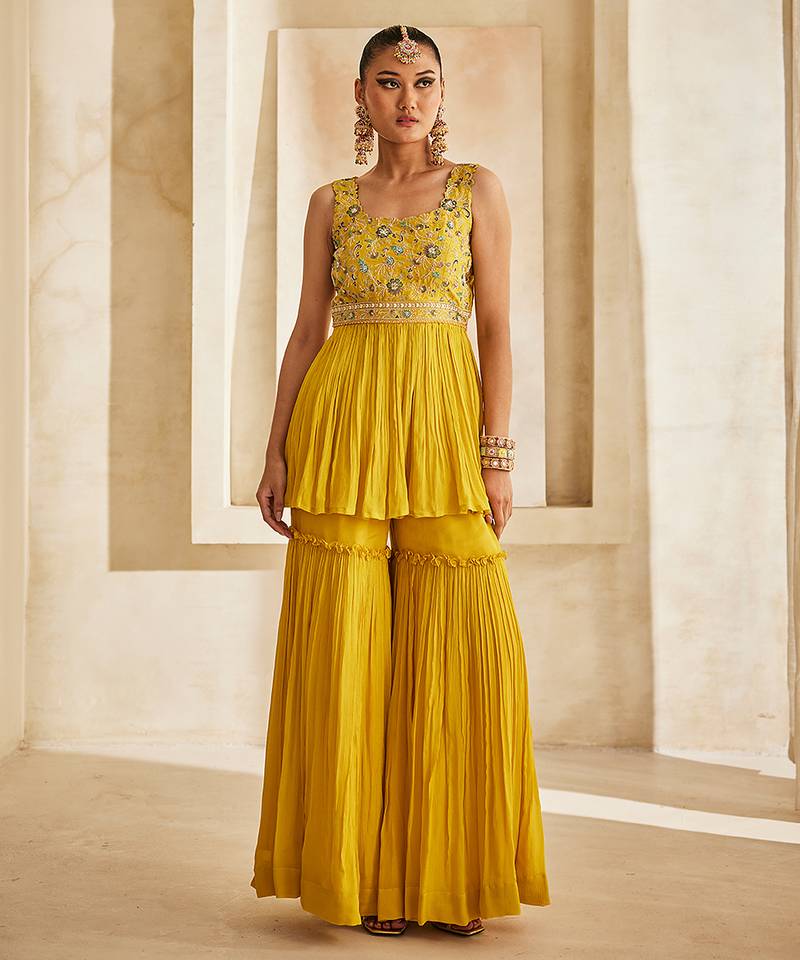 Mustard yellow embroidered raw silk sharara set