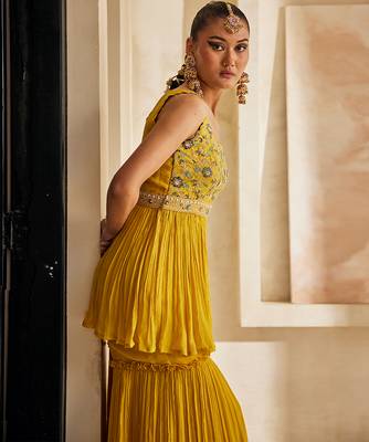 Mustard yellow embroidered raw silk sharara set 2