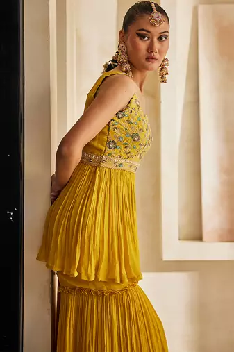 Mustard yellow embroidered raw silk sharara set