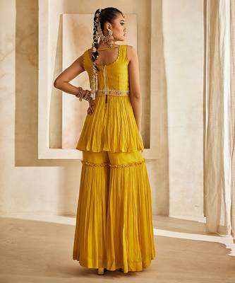 Mustard yellow embroidered raw silk sharara set 3