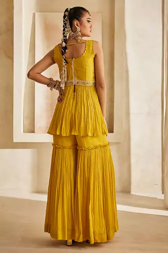 Mustard yellow embroidered raw silk sharara set