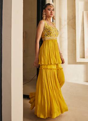 Mustard yellow embroidered raw silk sharara set 4