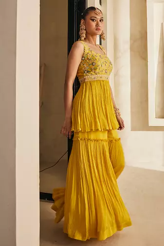 Mustard yellow embroidered raw silk sharara set