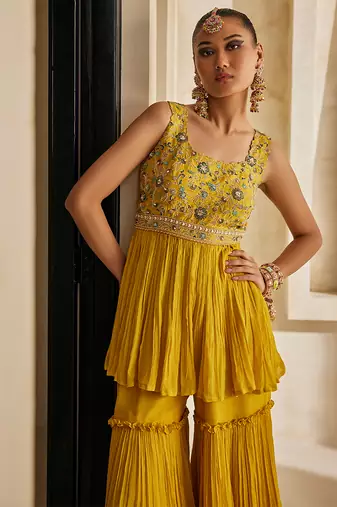 Mustard yellow embroidered raw silk sharara set