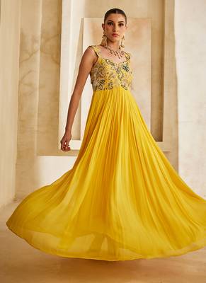 Yellow embroidered georgette gown 1