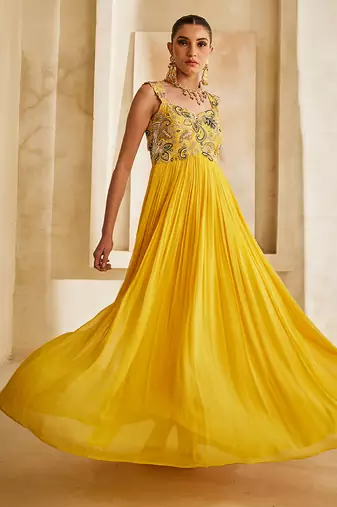Yellow embroidered georgette gown