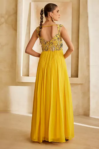 Yellow embroidered georgette gown