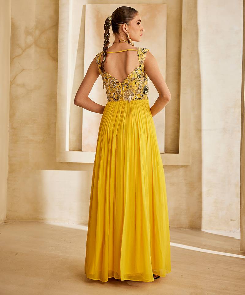 Yellow embroidered georgette gown