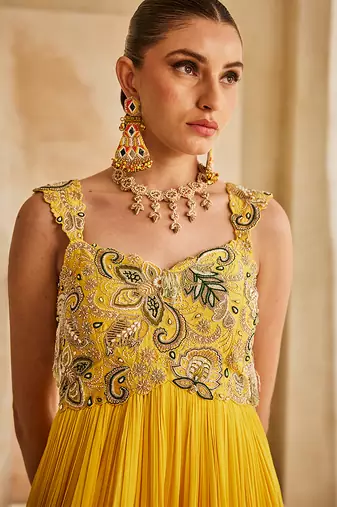 Yellow embroidered georgette gown