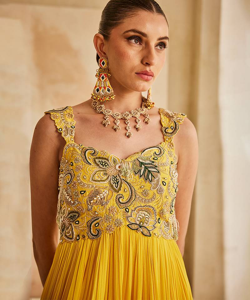 Yellow embroidered georgette gown