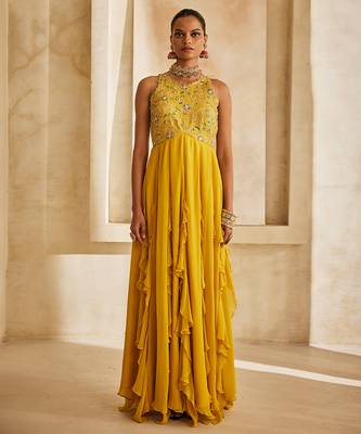 Rich mustard embroidered georgette gown 1
