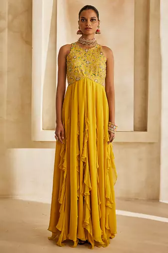 Rich mustard embroidered georgette gown