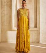 Rich mustard embroidered georgette gown