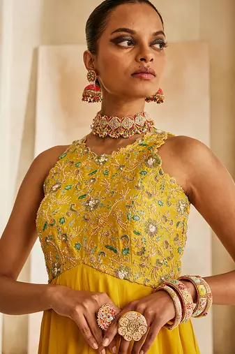 Rich mustard embroidered georgette gown