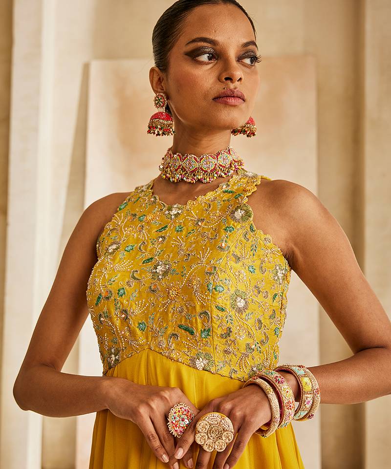 Rich mustard embroidered georgette gown