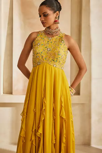Rich mustard embroidered georgette gown