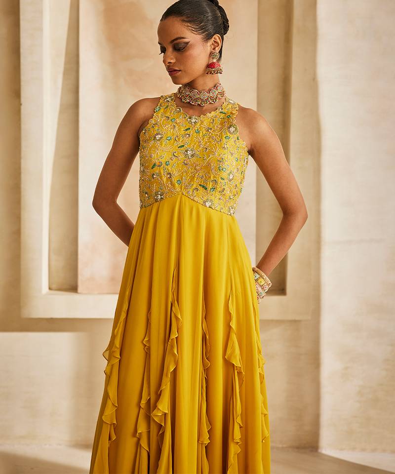 Rich mustard embroidered georgette gown