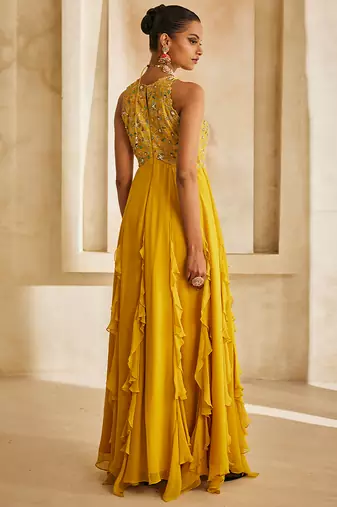 Rich mustard embroidered georgette gown
