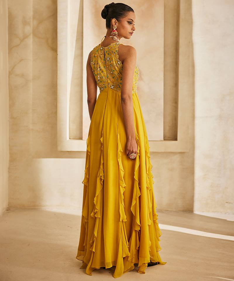 Rich mustard embroidered georgette gown