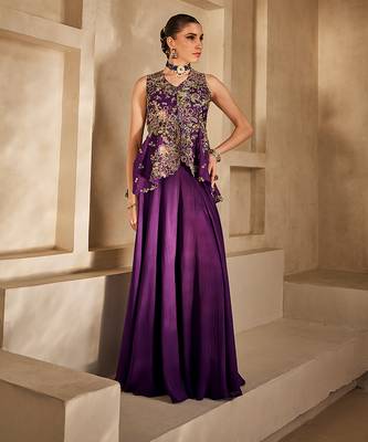 Deep purple embroidered satin chiffon co ord set 1