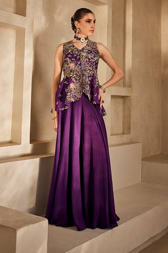 Deep purple embroidered satin chiffon co ord set