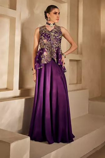 Deep purple embroidered satin chiffon co ord set