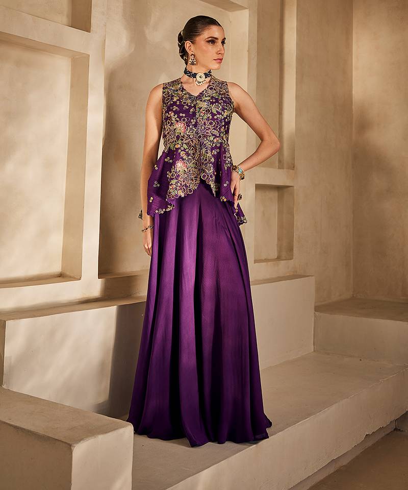 Deep purple embroidered satin chiffon co ord set